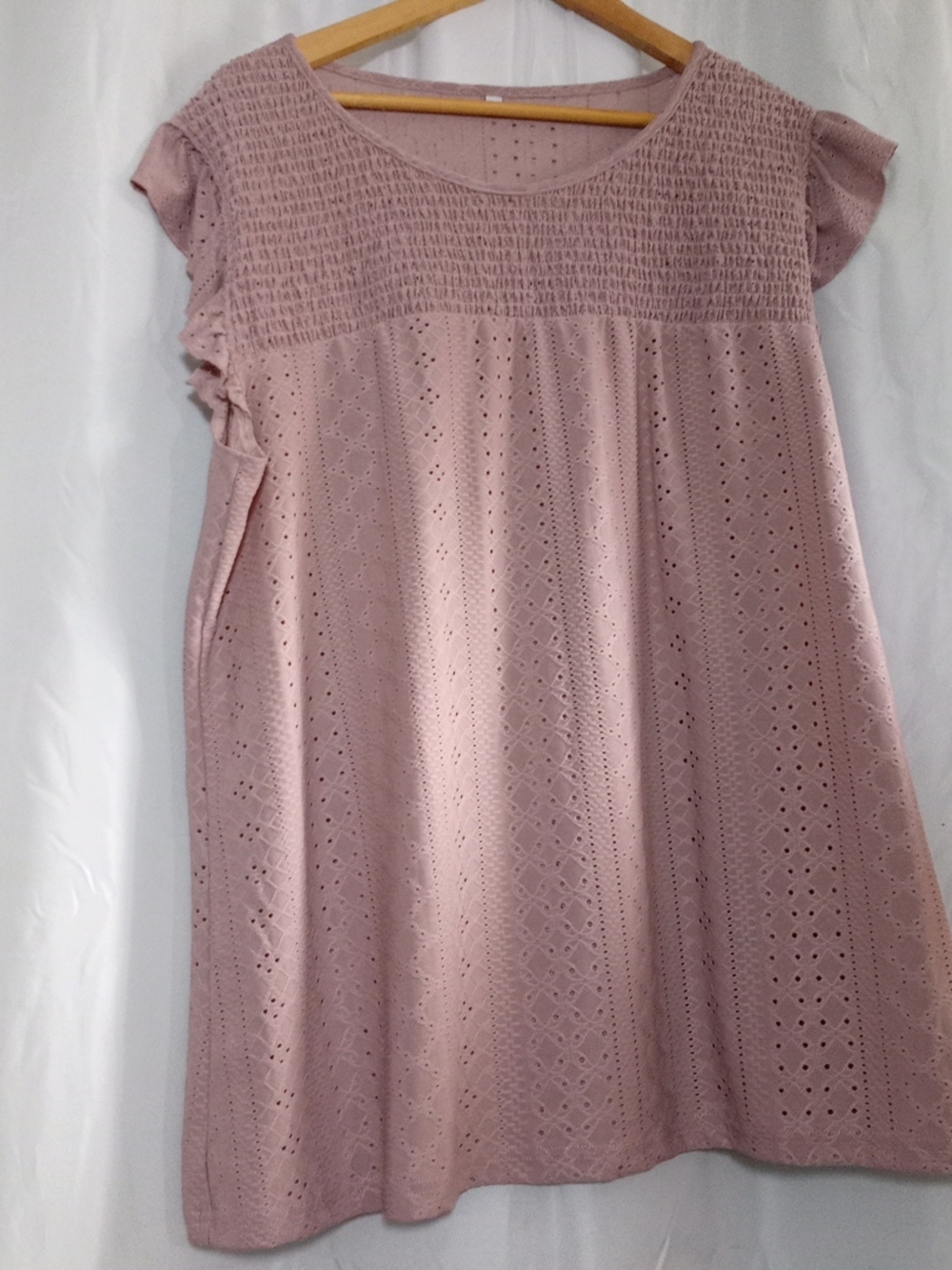 SHEIN Dusty Pink Eyelet Smocked Swing Top